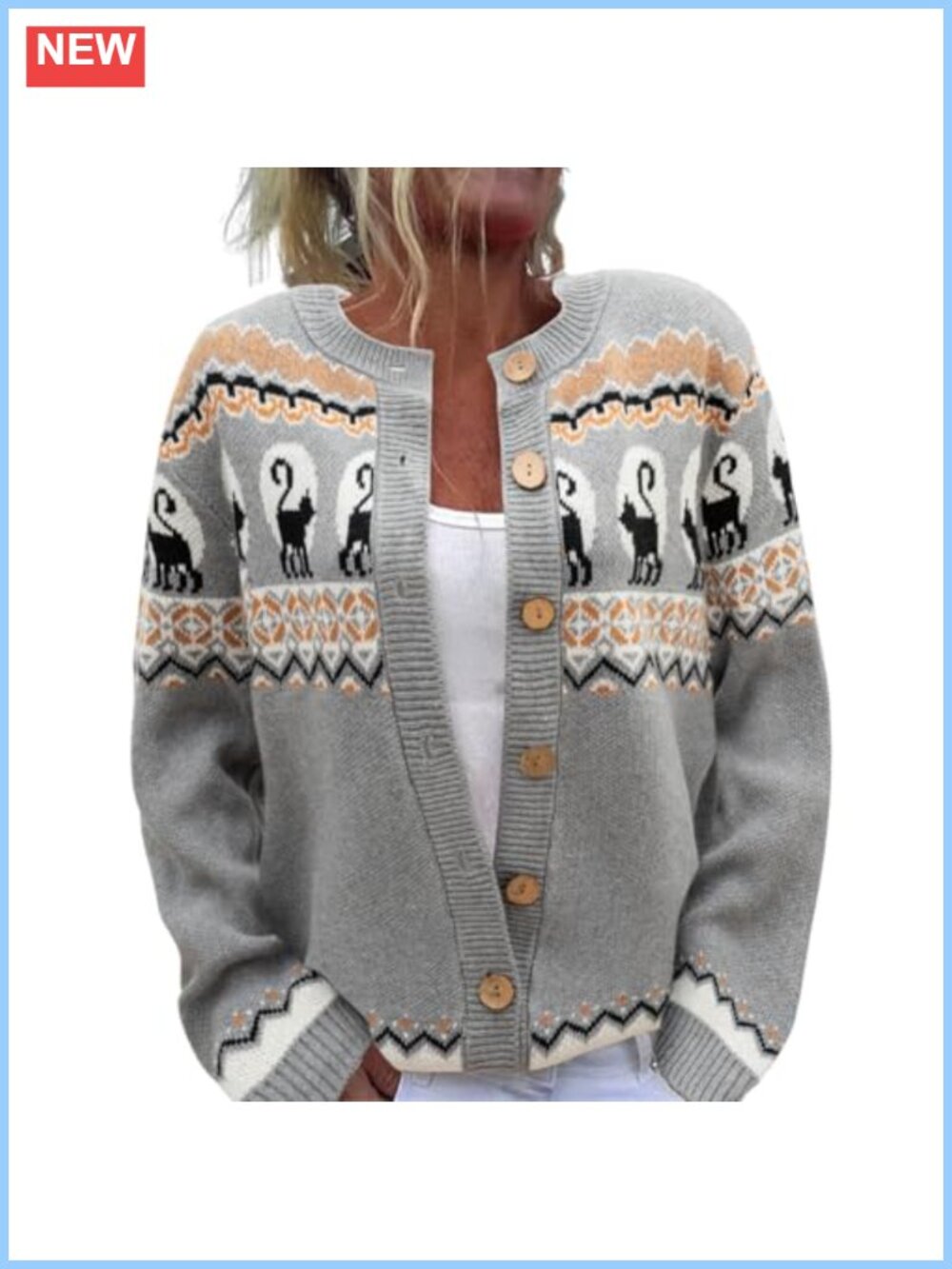 Women's Open Front Knit Cardigan Sweater Cat Graphic Button Down